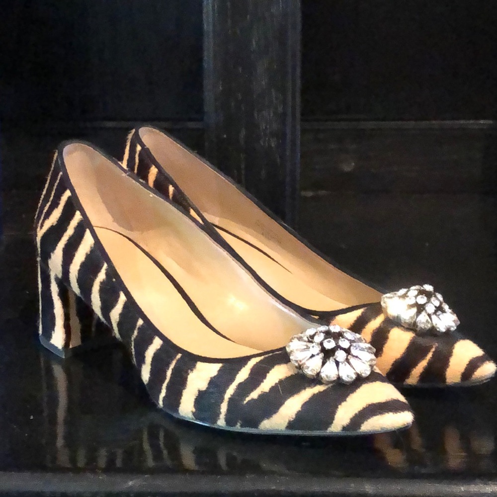 Super fashionable Ann Taylor Zebra block heel shoes with rhinestone detailing